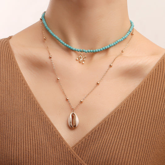 Minimalist Double-Layer Turquoise Necklace with Shell Pendant and Letter M Charm for Women Alloy Chain with Plating Finish