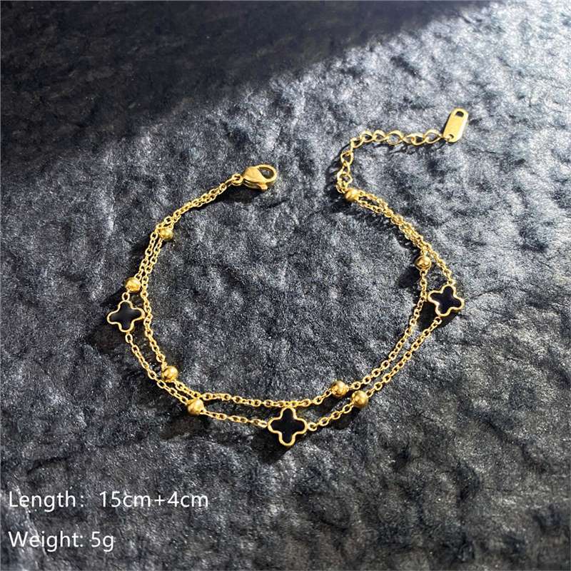 Original Design Geometric Four-Leaf Clover Roman Numeral Double-Layer Bracelet in Titanium Steel with Gold Plating