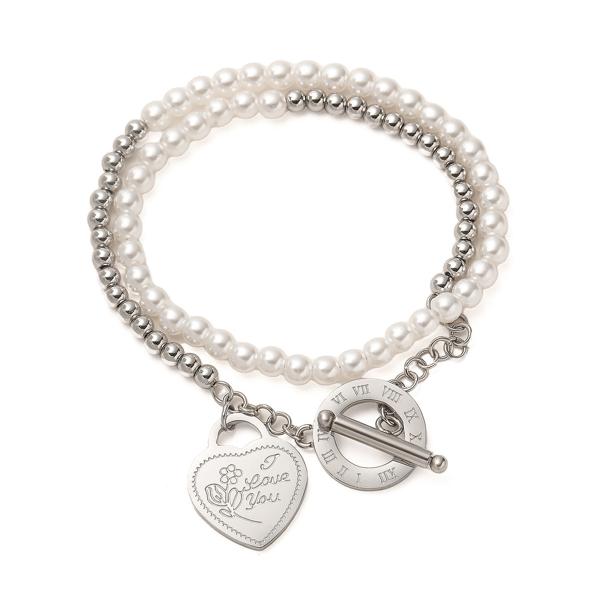 Vintage Heart-Shaped Plated 18K Gold Stainless Steel Pearl Bracelet for Women Fashionable Double Loop Wristband