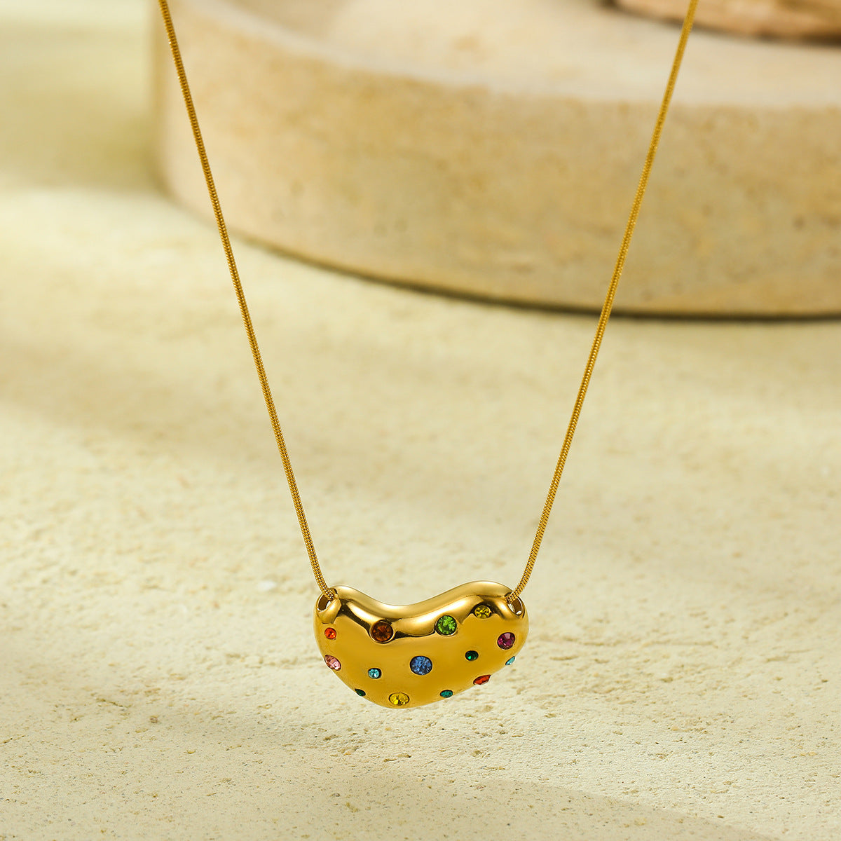 Minimalist Geometric Titanium Steel Snake Chain Necklace with 18K Gold Plated Heart Pendant and Colored Zircon Inlay