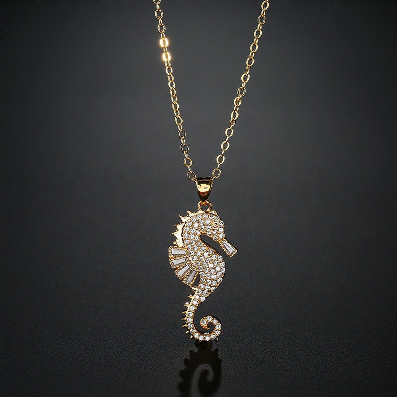 Light Luxury Fashion Micro-inlaid Cubic Zirconia Seahorse Brass Pendant Necklace for Women with Cable Chain