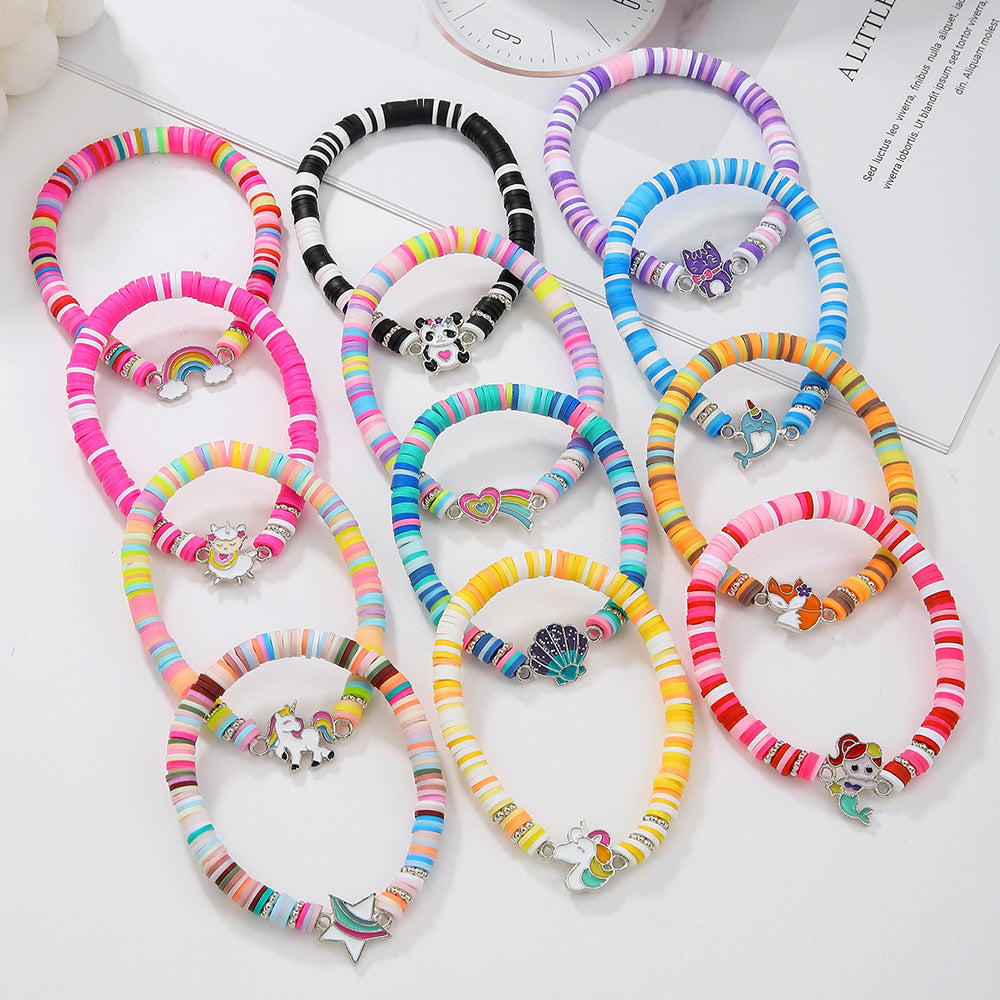 Handmade Polymer Clay Rainbow Panda Dolphin Unicorn Bracelet for Women and Men, Fashion Casual Animal Theme Friendship Jewelry