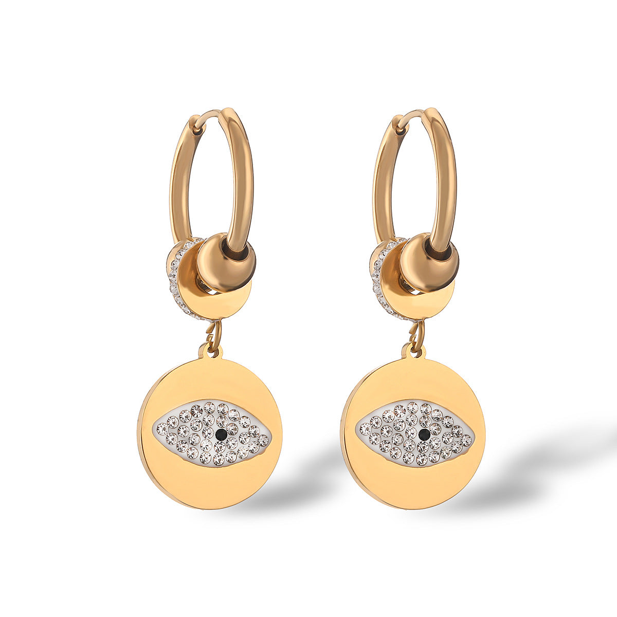 Minimalist Geometric Titanium Steel Earrings with Gold Plating and Zircon Evil Eye Design for Women