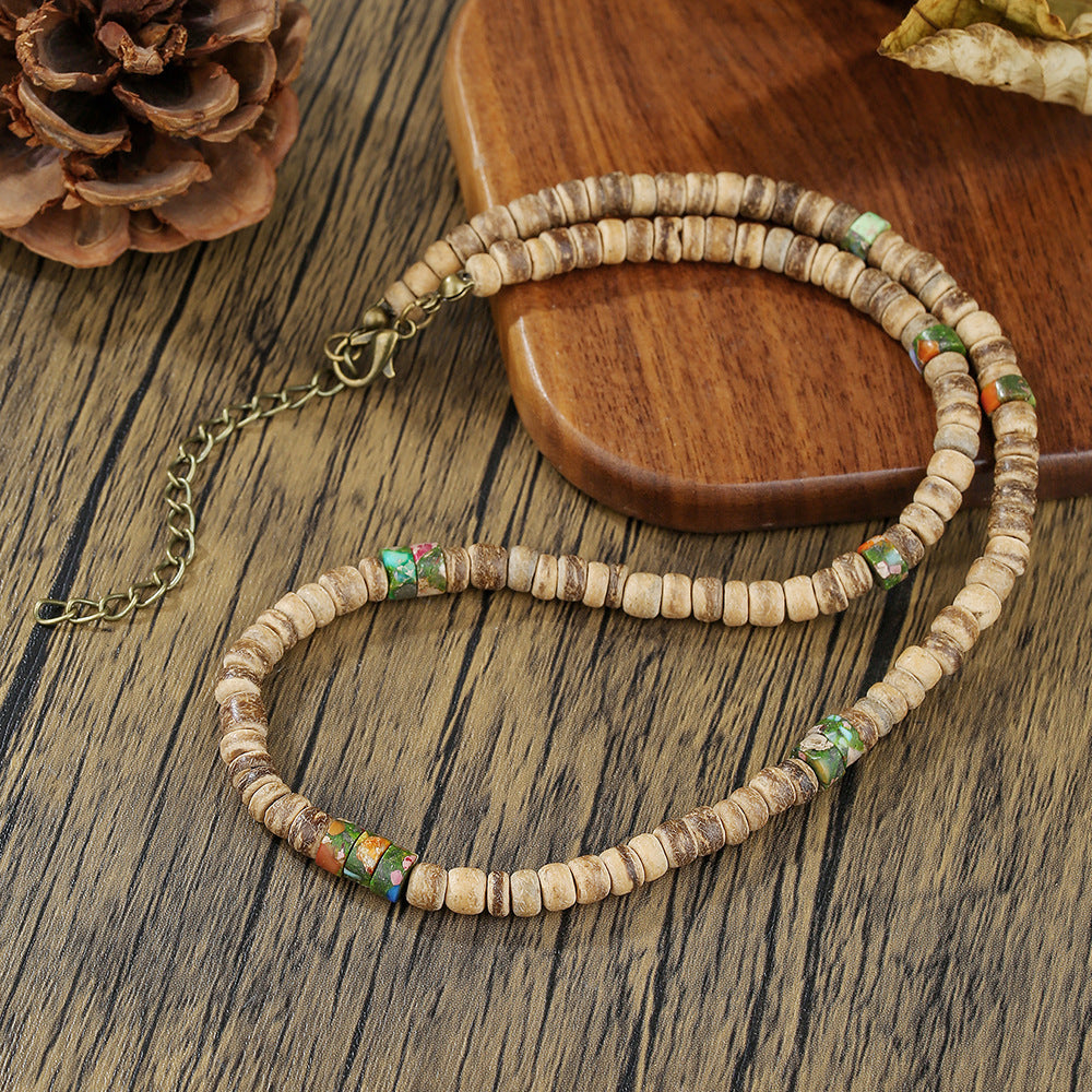 Vintage Bohemian Ethnic Handmade Geometric Coconut Shell Wood Beaded Stone Pendant Necklace for Unisex