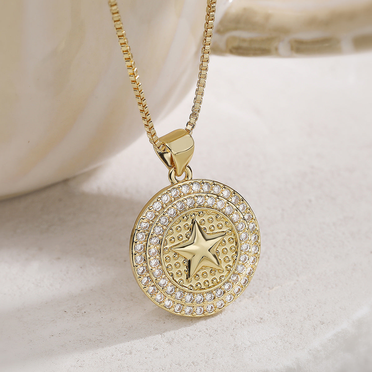 Minimalist 18K Gold Plated Brass Cross Heart Star Round Pendant Necklace with Cubic Zirconia