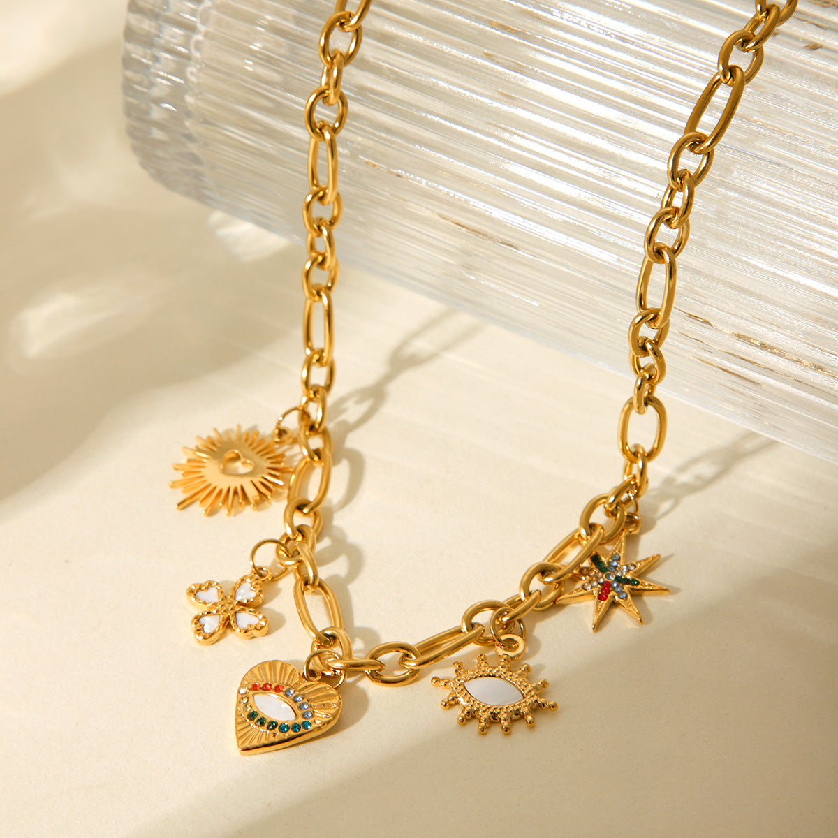 Collar con colgante de ojo turco estilo Y2K para mujer, acero inoxidable con incrustaciones de diamantes de imitación, cadena cruzada, diseño geométrico