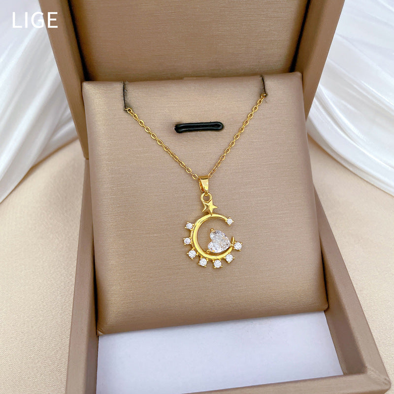 Minimalist Moon Star Heart Geometric Pendant Necklace for Women Stainless Steel Snake Chain with Full Rhinestone Accents