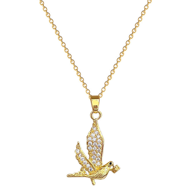 Elegante Collana con Ciondolo a Nido di Rondine in Acciaio al Titanio da Donna con Intarsio Completo di Strass, Design Geometrico, Leggera, con Catenina a Medaglione
