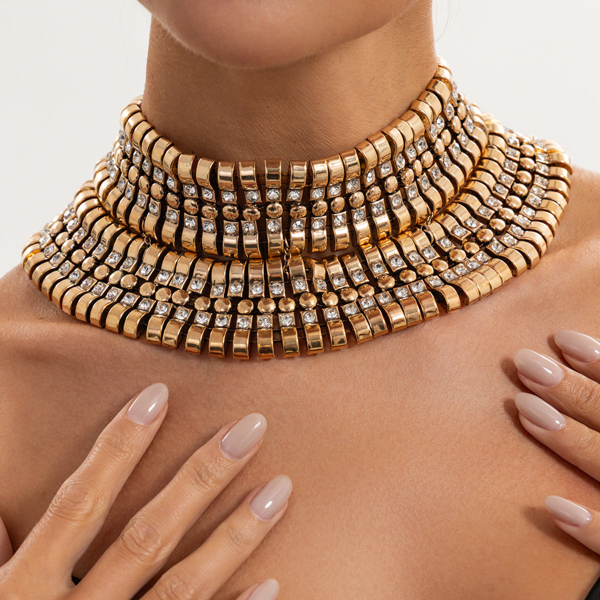 Exaggerated Luxury Geometric Square Rhinestone Plated Alloy Multi-layer Necklace for Women