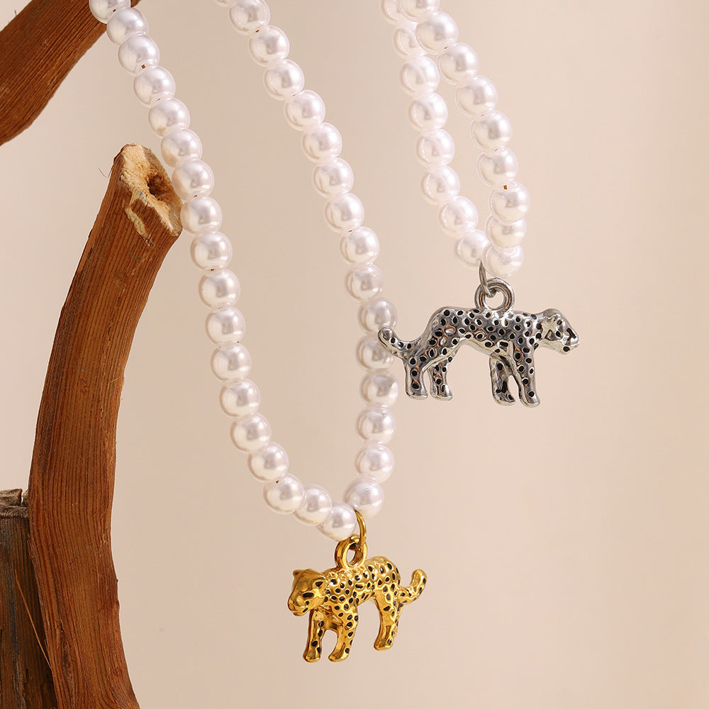 Minimalist Hollow Tiger Pendant Necklace for Women in Stainless Steel with 18K Gold Plating and Simulated Pearl Accents