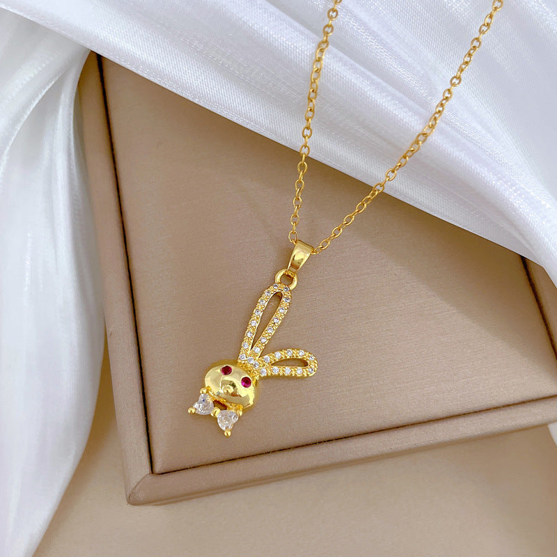Minimalist Rabbit Pendant Necklace in Stainless Steel with Rhinestone Inlay for Women and Unisex Wear