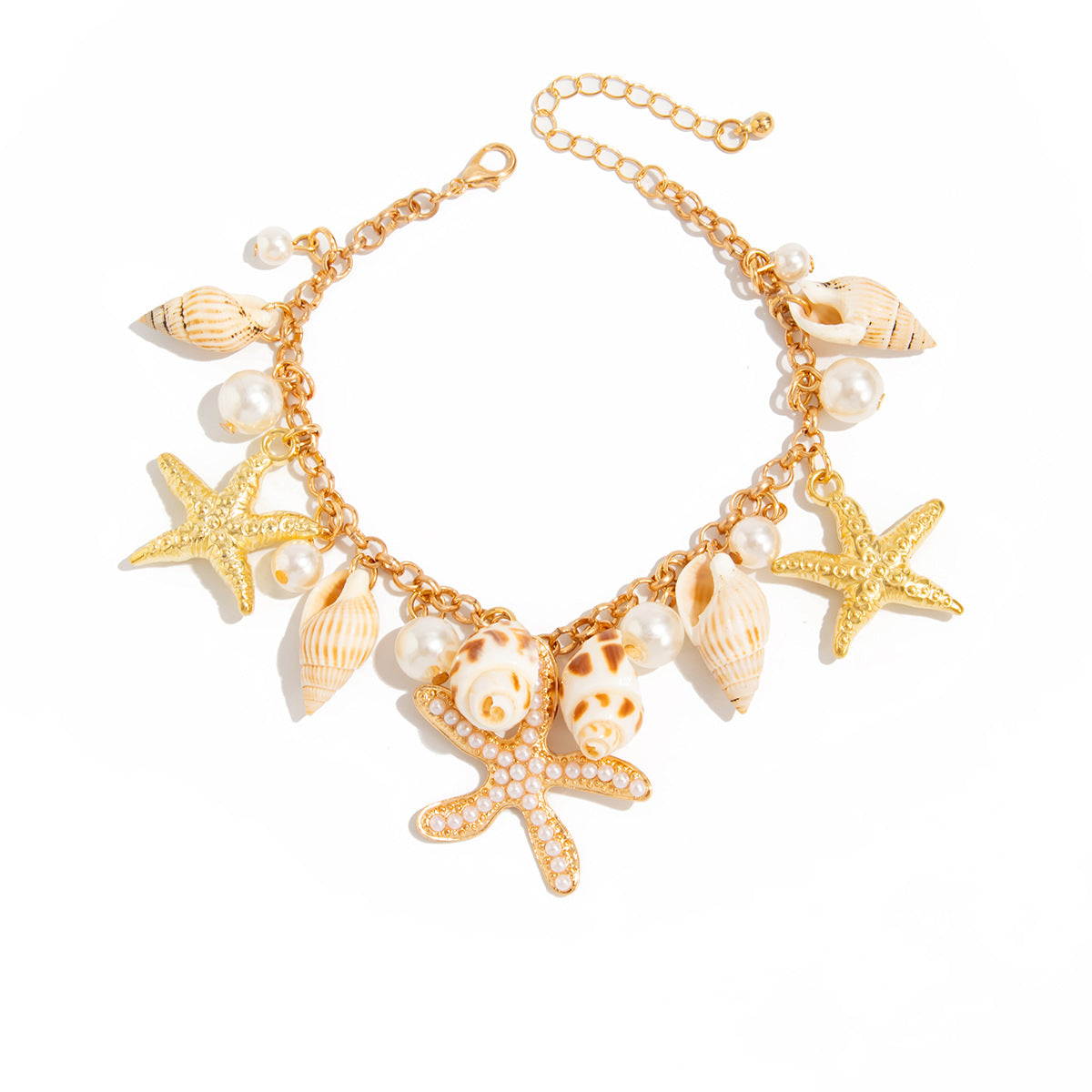 Catena da Corpo Bohemien con Stelle Marine, Conchiglie e Perle Imitazione per Donna, con Finitura in Metallo Lucido e Chiusura a Moschettone