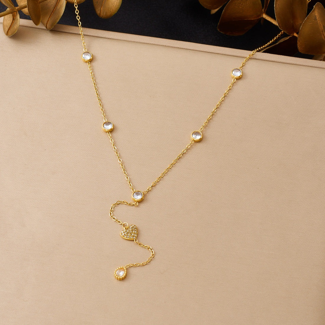 Sweet Gold Plated Stainless Steel Star Moon Heart Rhinestone Pendant Necklace with Tassel for Women