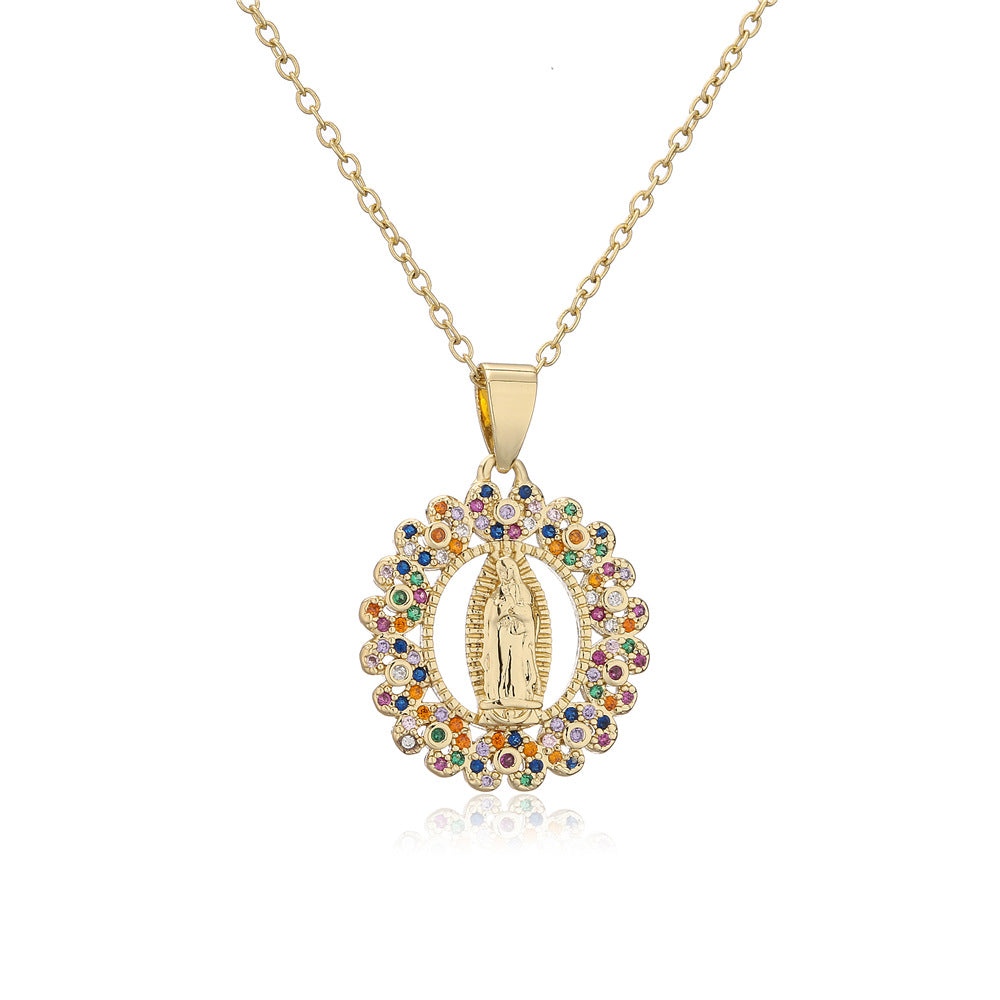 Collana Rame Geometrica Artigianale Vintage con Ciondolo Zirconi Micro-Incastonati su Catena a Maglia Ovale