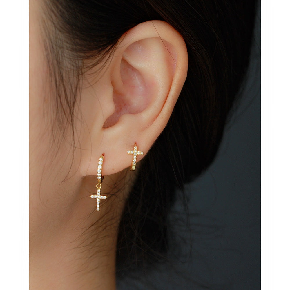 Sweet Minimalist 925 Sterling Silver Cross Rhinestone Inlay Hoop Earrings for Women