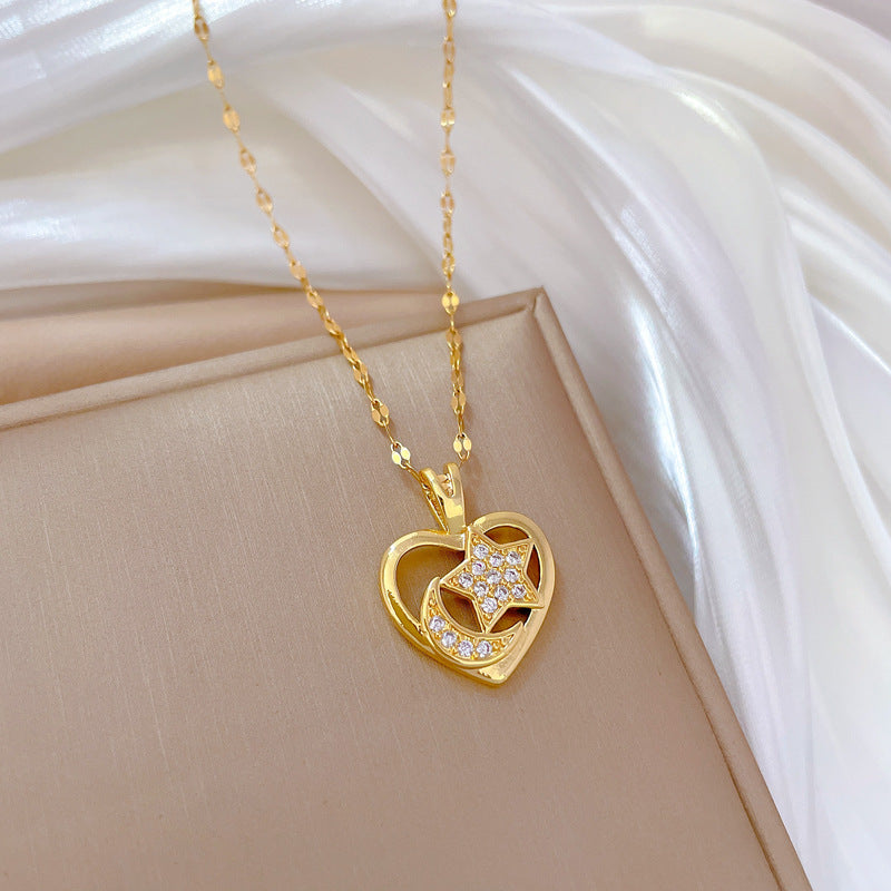 Sweet Elegant Heart Moon Star Geometric Rhinestone Plated Titanium Steel Necklace for Unisex