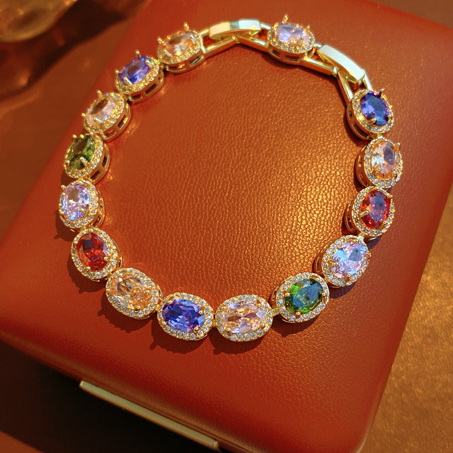 Vintage Luxury Oval Geometric Brass Bracelet with Cubic Zirconia Inlay for Women