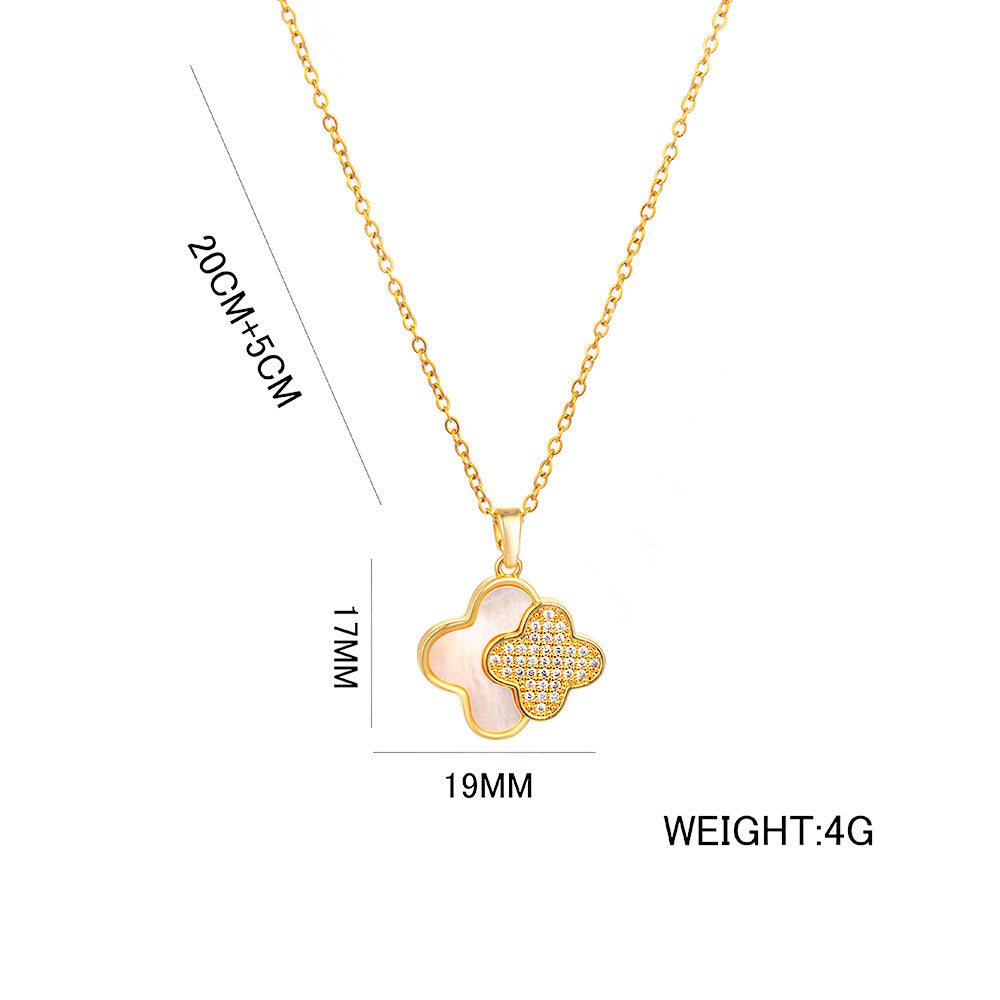 Minimalist Four-Leaf Clover Shaped Titanium Steel Necklace with Rhinestone Floral Accents and Snake Chain for Women