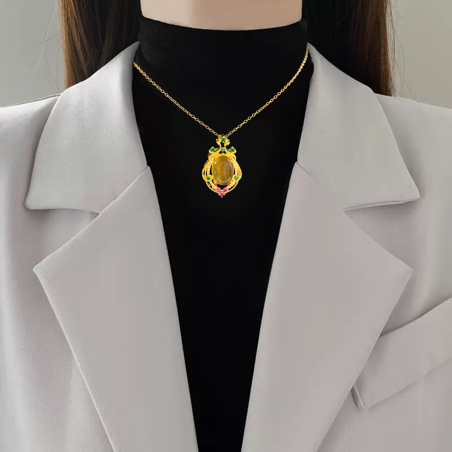Vintage Sweet Geometric Heart Cubic Zirconia Gemstone Plated Titanium Steel Necklace with Brass Pendant Cable Chain
