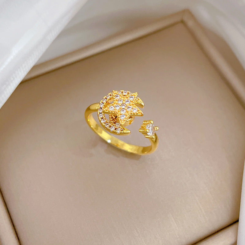Minimalist Sweet Gold Plated Star Moon Brass Ring Adjustable