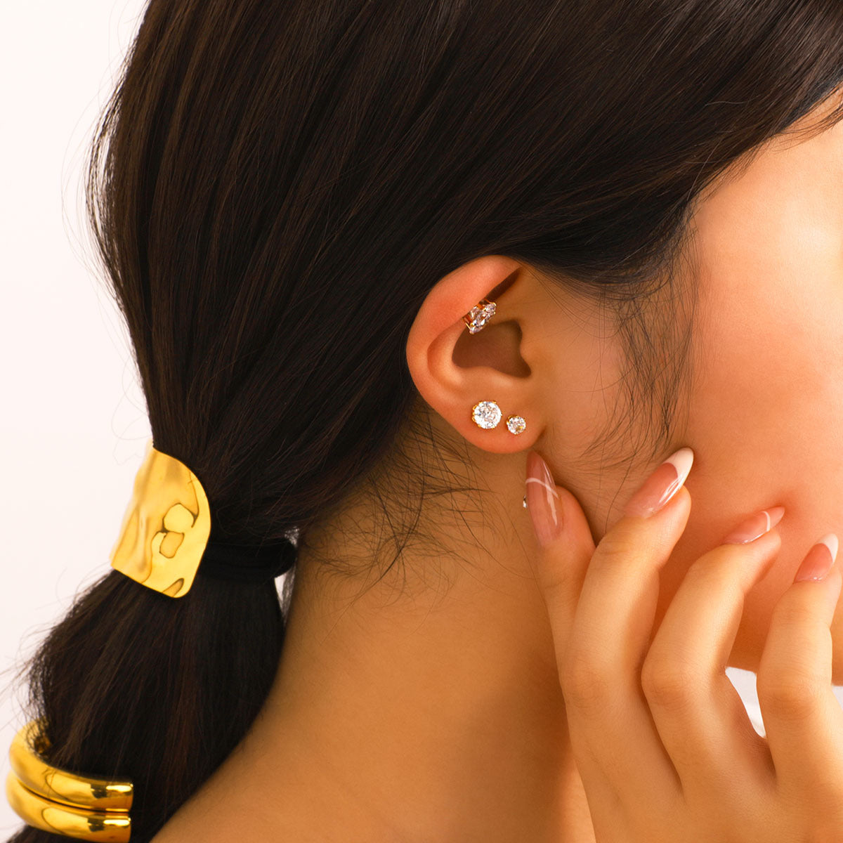Geometric Round Zircon Stud Earrings Set in Stainless Steel with 18K Vacuum Plating for Women