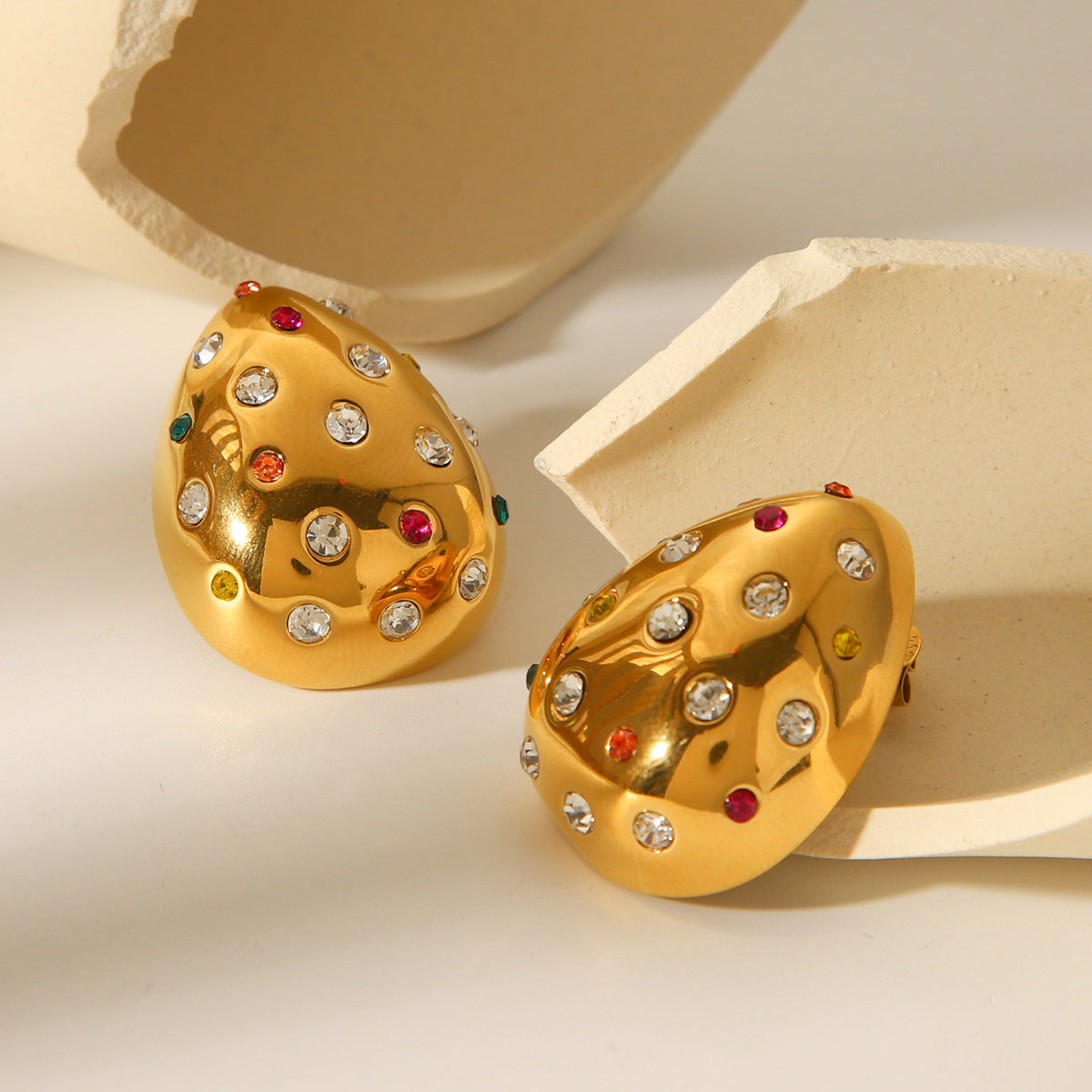Fashionable 18K Gold Plated Water Drop Stainless Steel Earrings for Women with Rhinestone Inlay