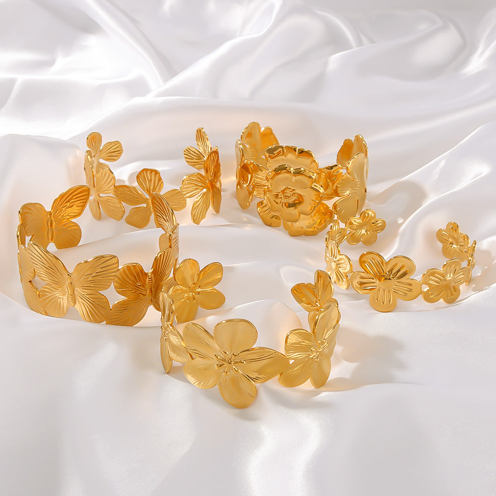 Fashionable 18K Gold Plated Stainless Steel Leaf Butterfly Floral Open Cuff Bracelet for Women