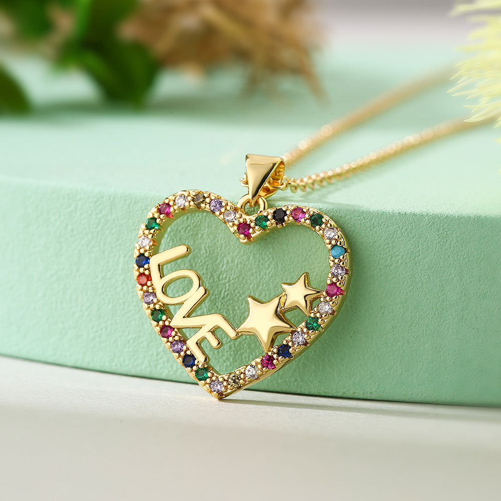 Minimalist Geometric Love Heart Pendant Necklace for Women with Copper Base Plated in 18K Gold and Zircon Inlay