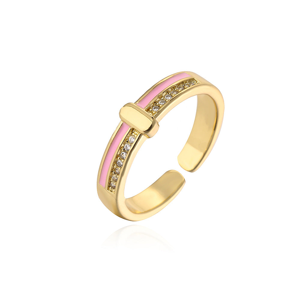 Anello minimalista geometrico in rame con placcatura in oro vero e accenti di zirconi smaltati da donna
