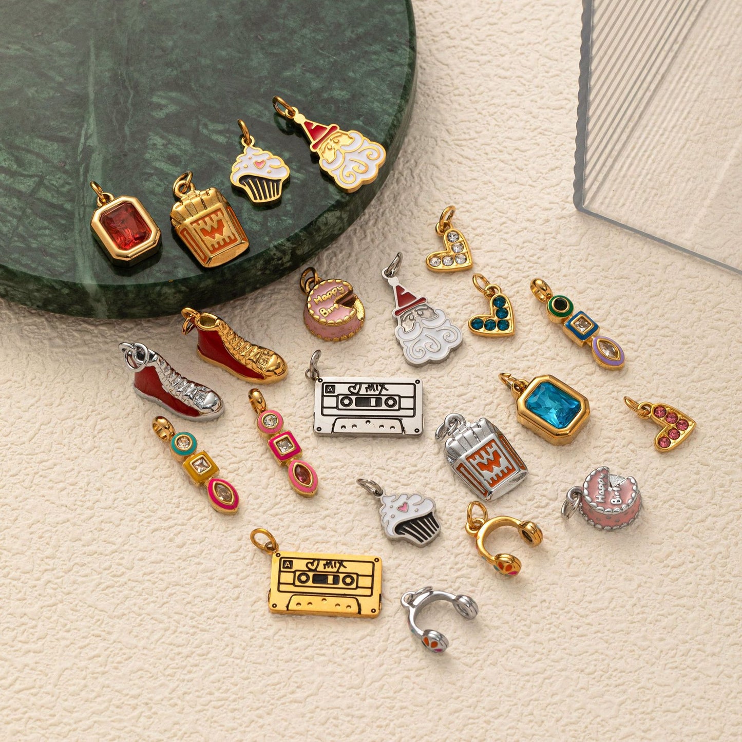Plated Stainless Steel Necklace with Rhinestone and Gemstone Accents Featuring Cassette, Cake, Cloud, Shoe, Fries, and Headphone Charms