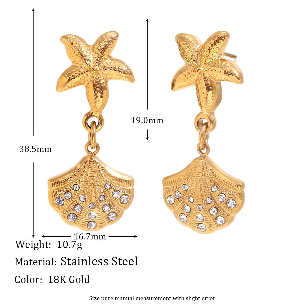 Orecchini da donna con stella marina floreale vintage in acciaio inossidabile placcati oro 18K