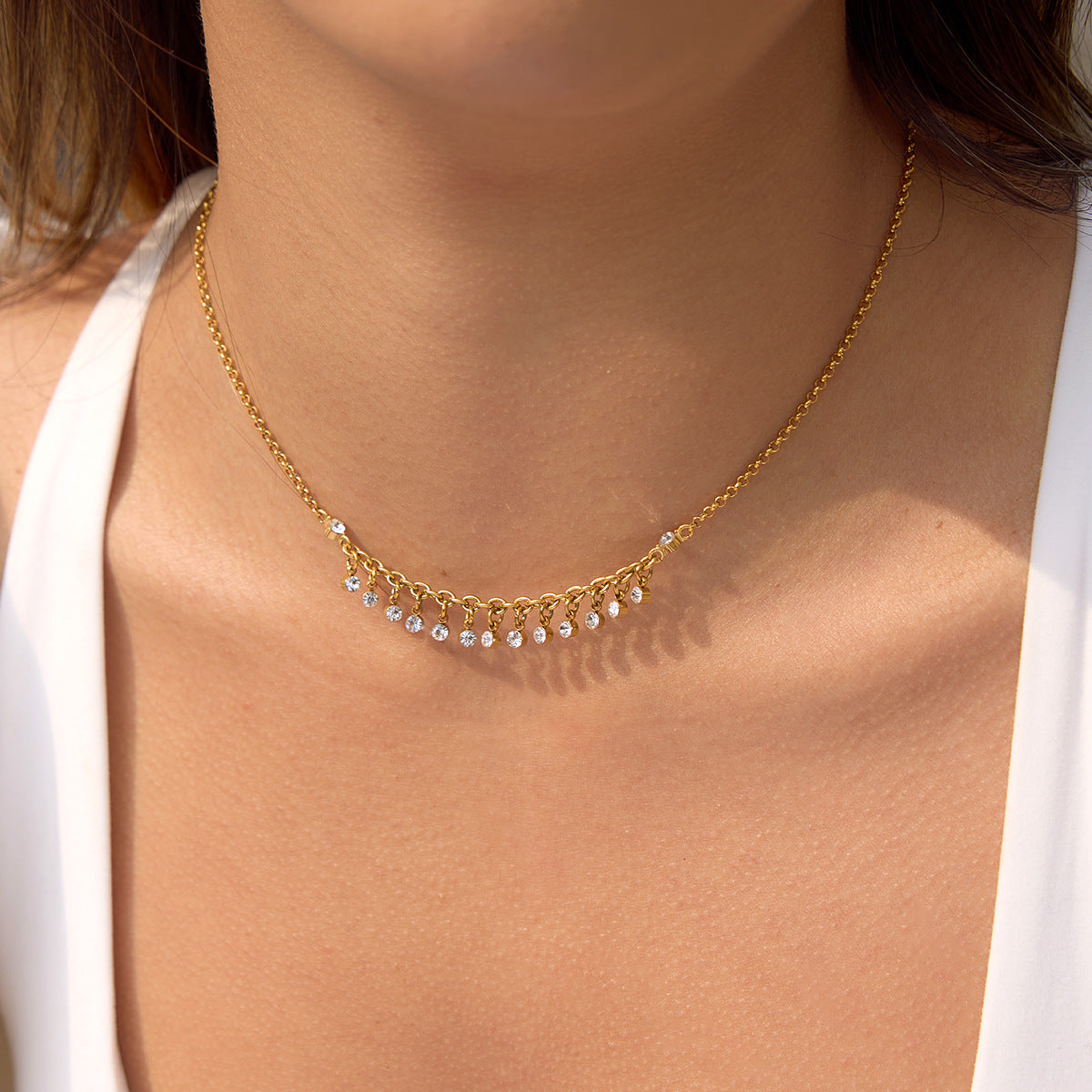 Minimalist 18K Gold Plated Geometric Stainless Steel Rhinestone Necklace for Women