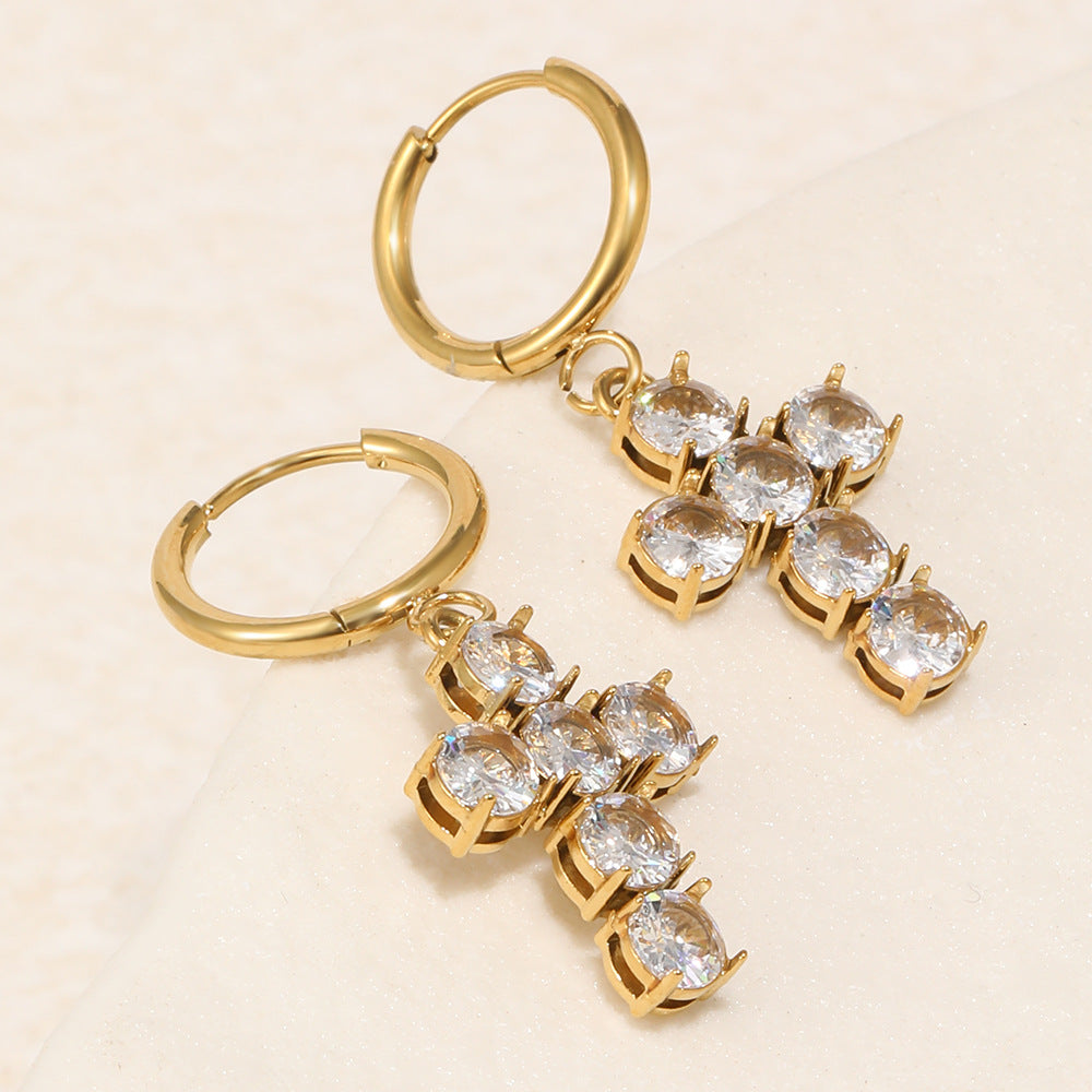 Orecchini a croce minimalistici ed eleganti in acciaio inossidabile placcato oro 18K con zirconia cubica