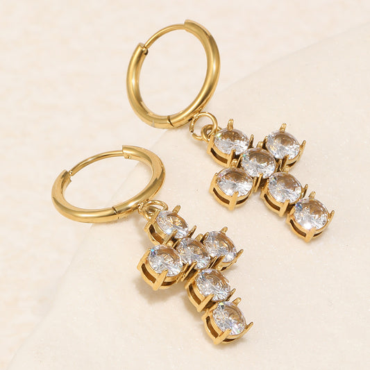 Orecchini a croce minimalistici ed eleganti in acciaio inossidabile placcato oro 18K con zirconia cubica