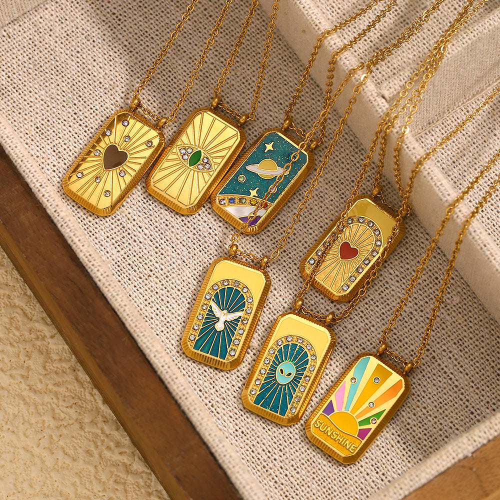 Vintage Elegant Geometric Square Stainless Steel Gold Plated Drip Oil Tarot Pendant Necklace for Women