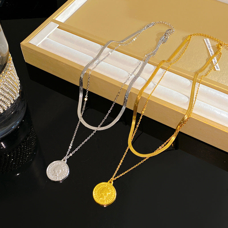 Sweet Streetwear Round Geometric Titanium Steel Plated Pendant Snake Chain Necklace for Unisex