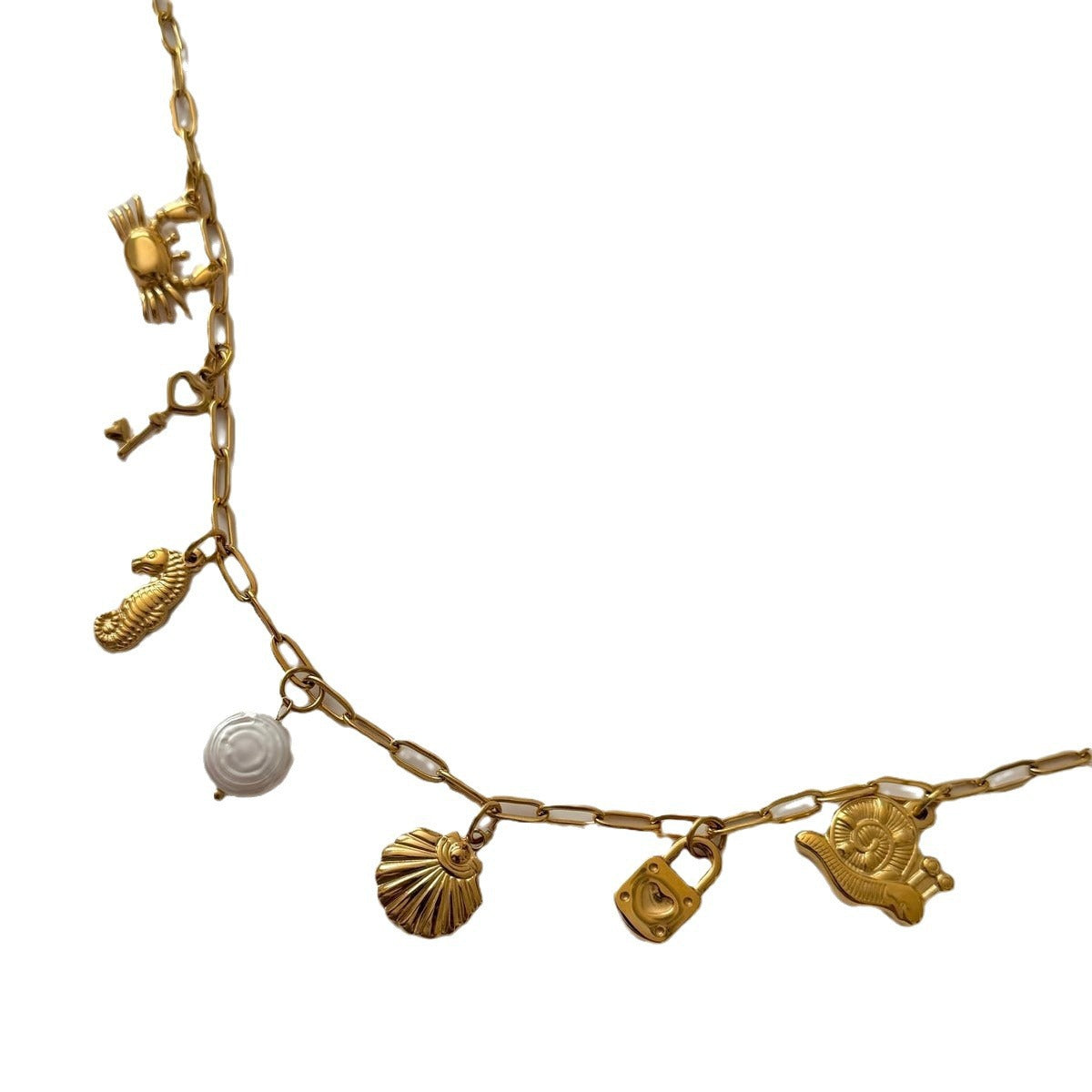 Casual 18K Gold Plated Stainless Steel Starfish Conch Shell Charm Bar Necklace for Unisex