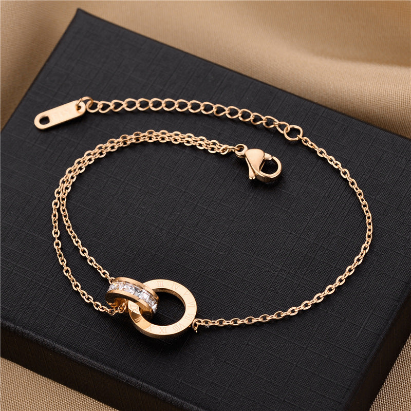 Braccialetto Minimalista in Acciaio al Titanio con Numeri Romani e Strass per Donna, Catena a Serpente Placcata Ipoallergenica