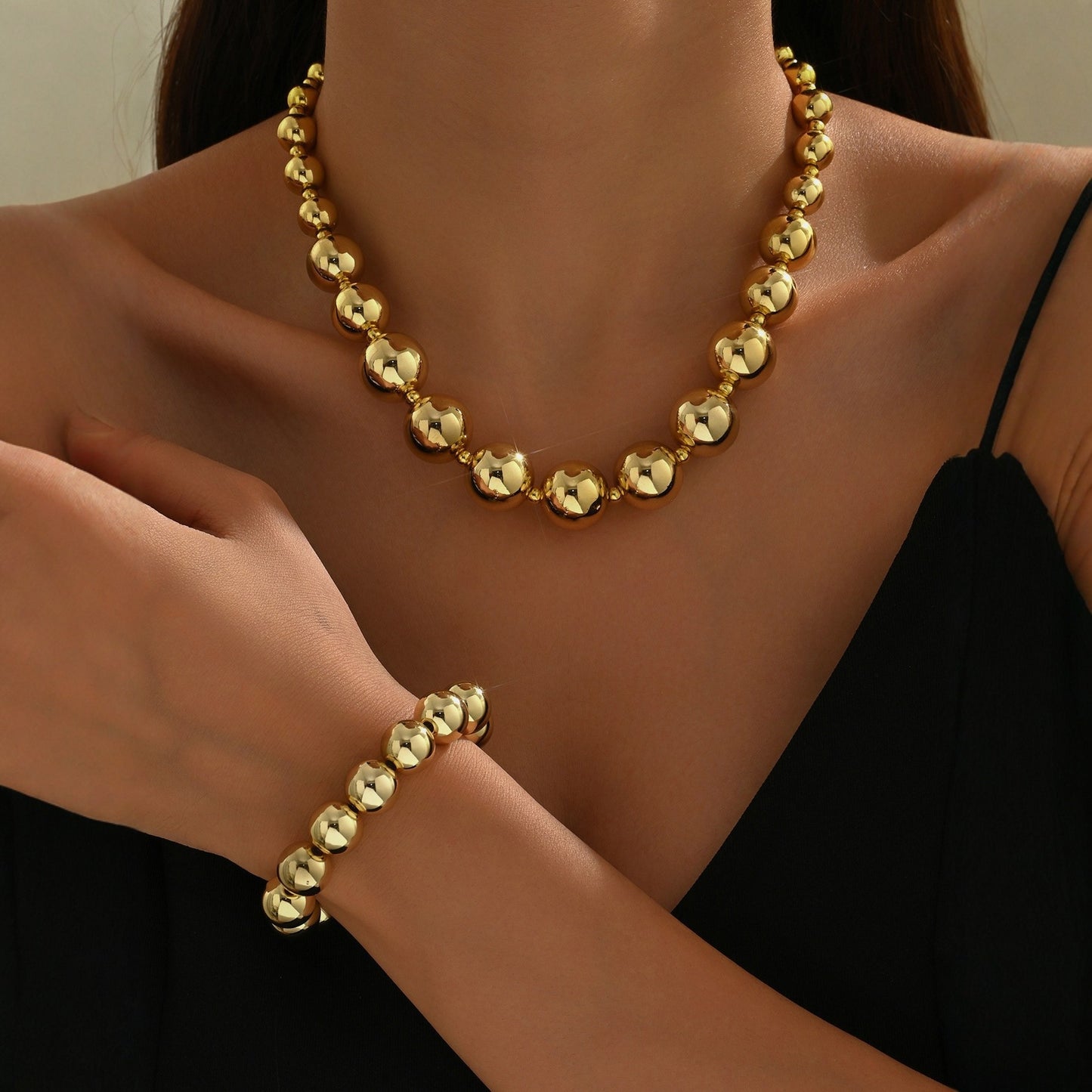 Hip-hop Punk Geometric Round Ball Chain Stainless Steel Necklace and Bracelet Set