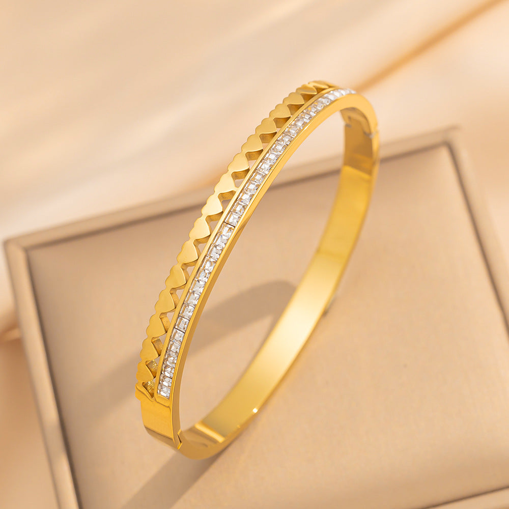 Fashion Stainless Steel Heart-Shaped Tennis Bracelet with Full Rhinestone Inlay for Women