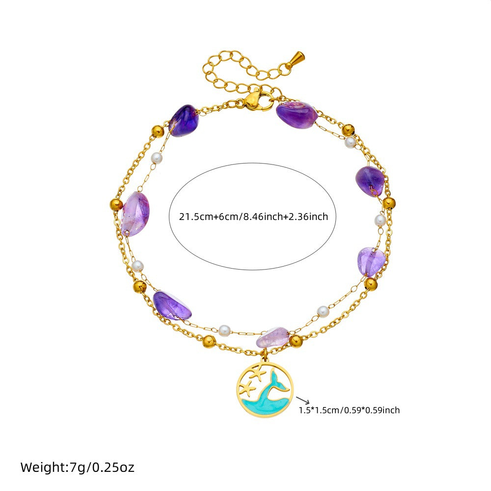 Cavigliera da donna con stella marina e delfino di perline viola, ispirata all'oceano, con catena doppia in acciaio inossidabile