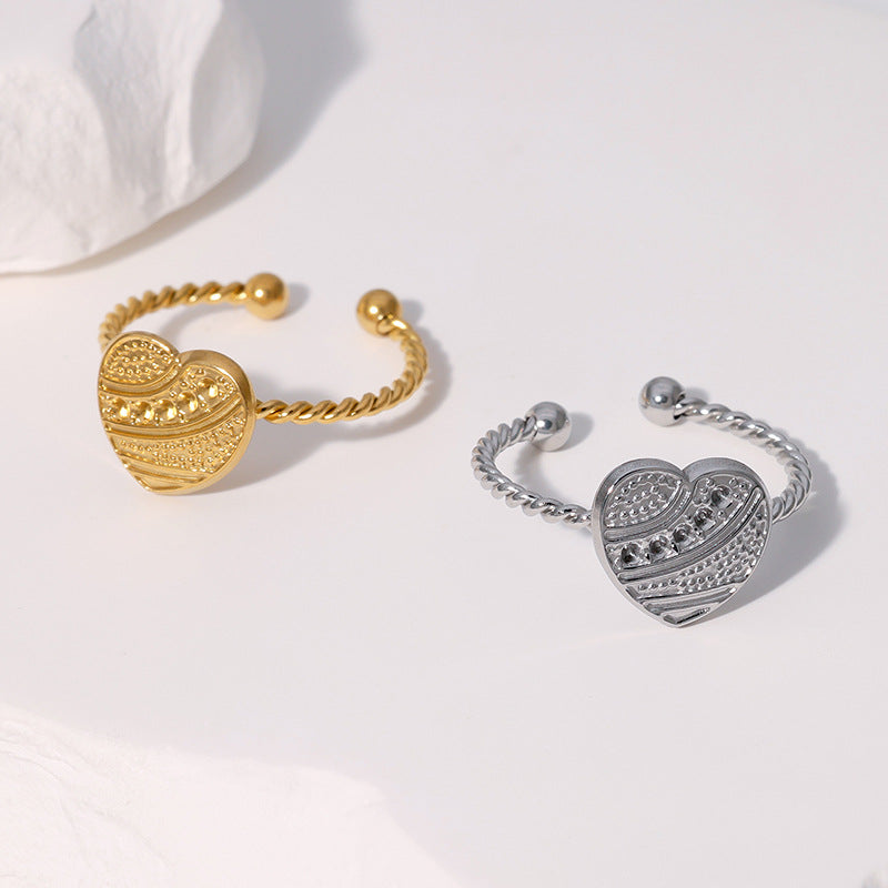 Anello aperto minimalista martellato a forma di cuore in acciaio inossidabile placcato oro 18 carati, gioielli da donna