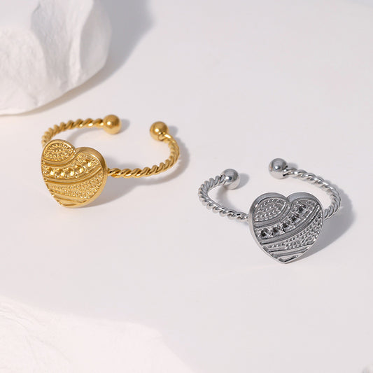 Anello aperto minimalista martellato a forma di cuore in acciaio inossidabile placcato oro 18 carati, gioielli da donna