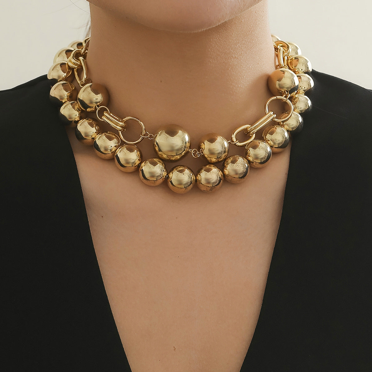 Punk Geometric Round Alloy Plated Ball Chain Layered Necklace for Women
