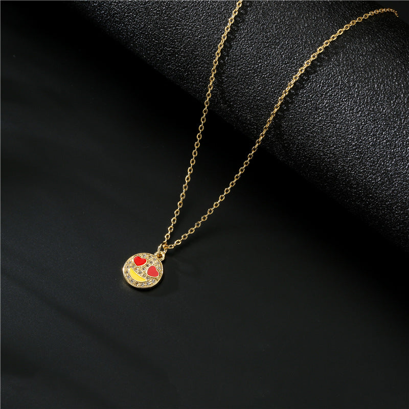 18K Gold Plated Brass Geometric Smile Face Pendant Necklace with Cubic Zirconia for Women