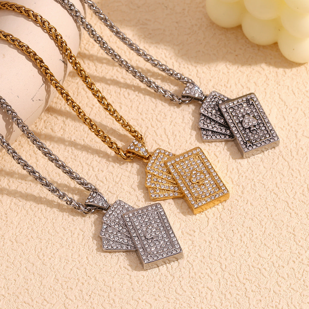 Minimalist Poker Card Pendant Necklace for Women Stainless Steel with 18K Gold Plating and Full Rhinestone Inlay on Adjustable Chain