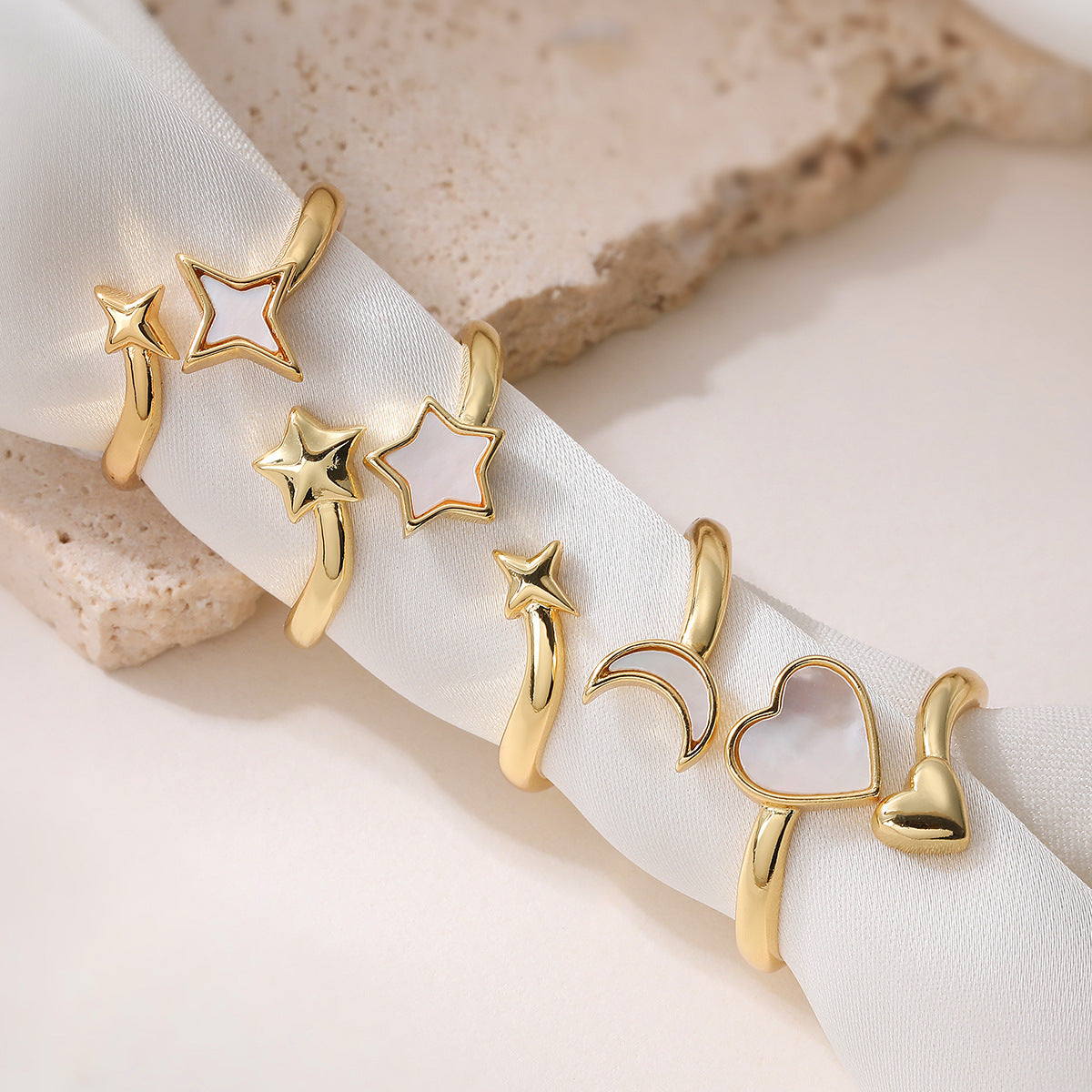Minimalist 18K Gold Plated Brass Ring with Micro-Inlaid Shell Star Moon and Heart Geometric Design for Women