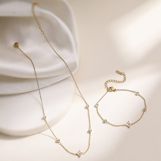 Minimalist 18K Gold Plated Geometric Stainless Steel Necklace with Cubic Zirconia for Women