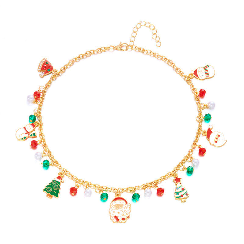 Fashionable Christmas-Themed Pendant Necklace for Women with 3D Floral Design Zinc Alloy Base Electroplated Finish Featuring Santa Snowflake and Jingle Bell Motifs