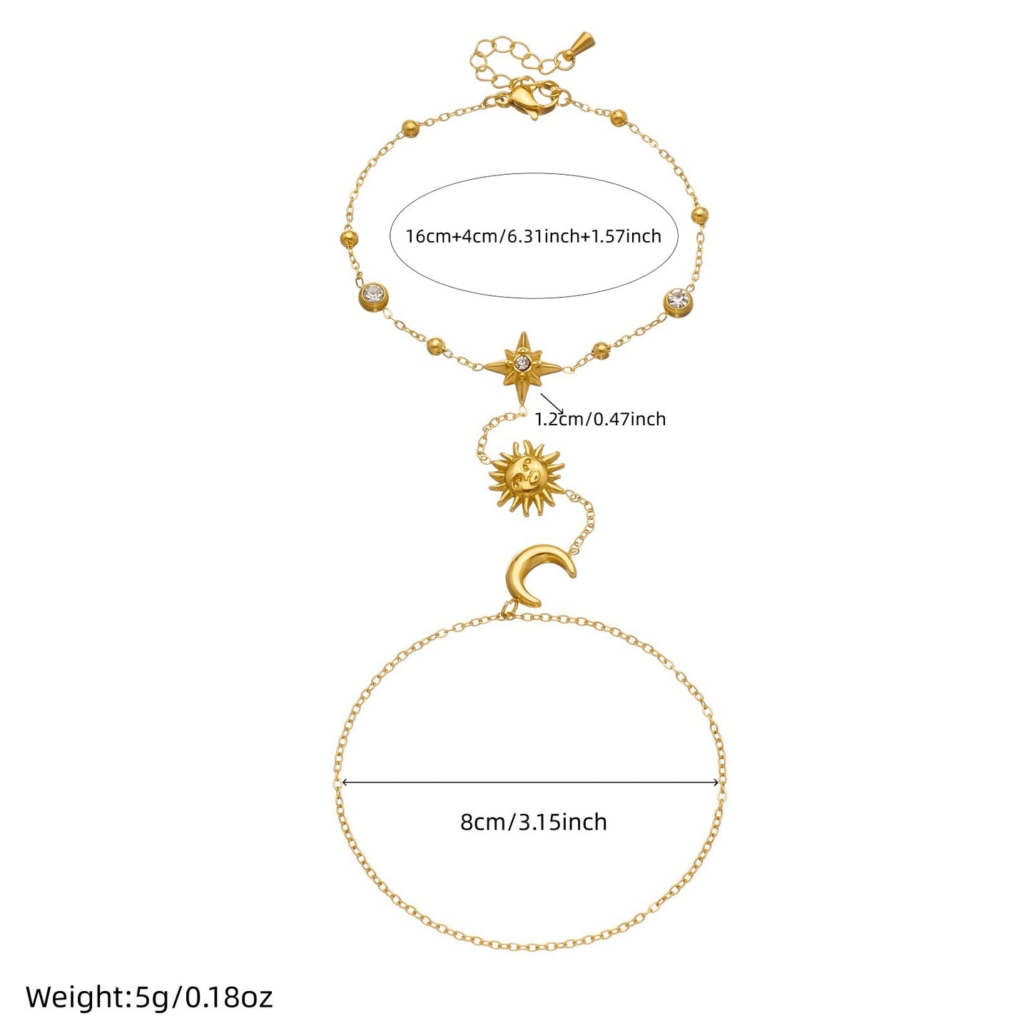 Minimalist Gold Plated Stainless Steel Star Moon Hand Chain Bracelet for Women